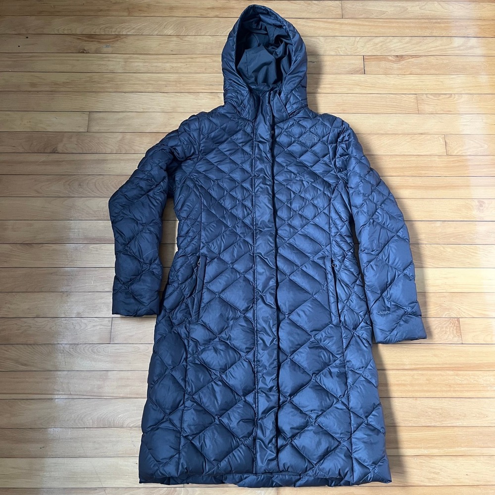 The North Face 550 Down Parka Navy Blue Quilted Hooded Puffer Jacket Women Long